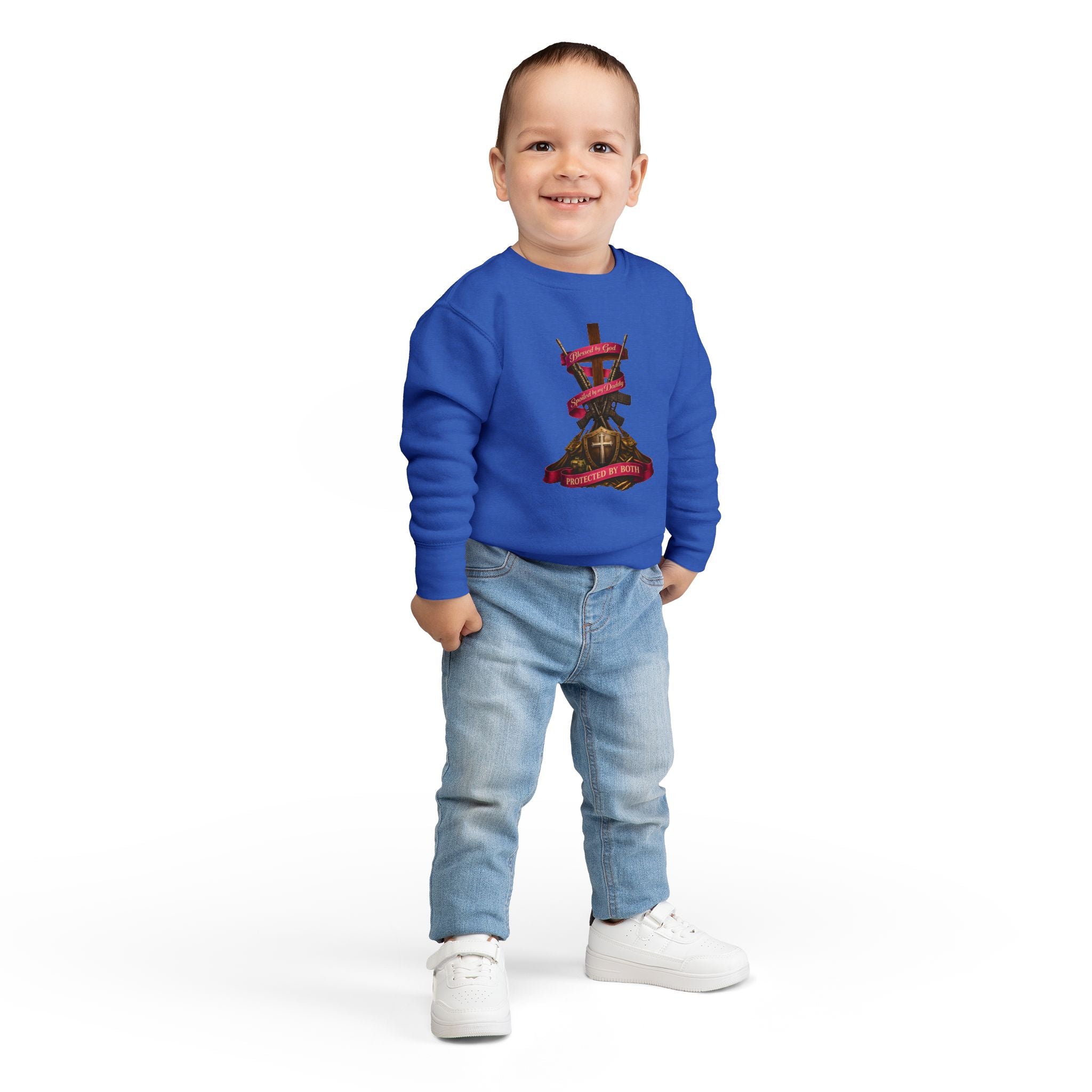 Toddler Sweatshirt — "Blessed by God, Spoiled by my Daddy, Protected by Both" Cross & Rifles
