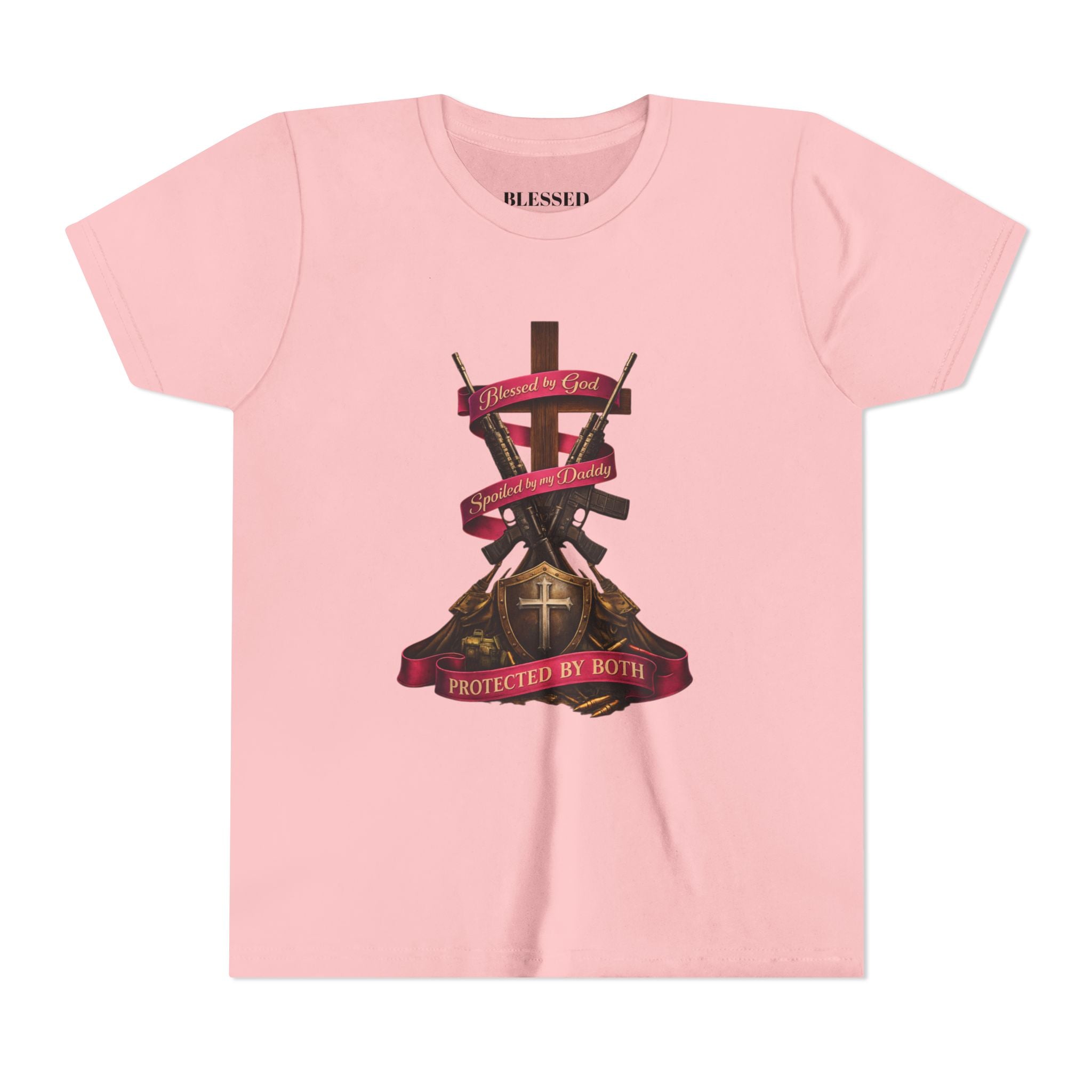 Youth Tee — "Protected By Both" Cross & Shield Christian Faith Shirt