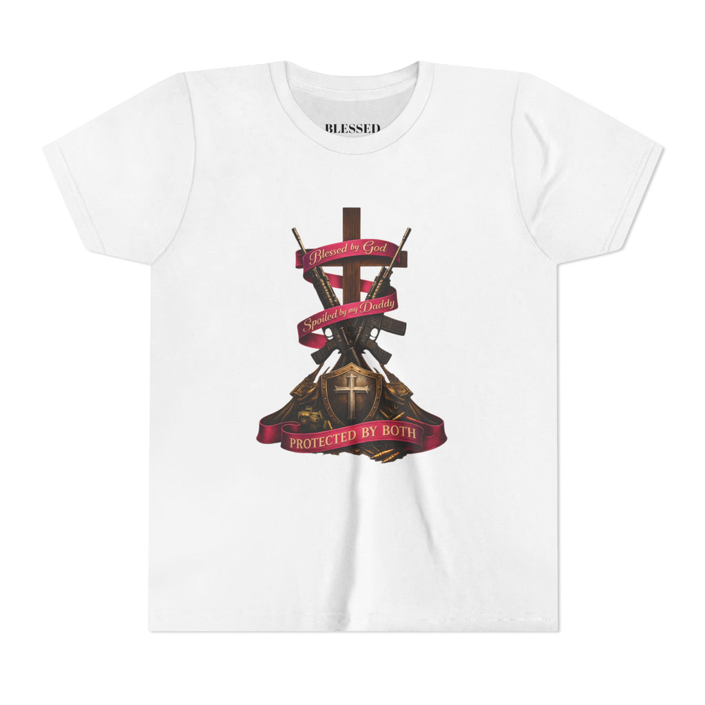 Youth Tee — "Protected By Both" Cross & Shield Christian Faith Shirt