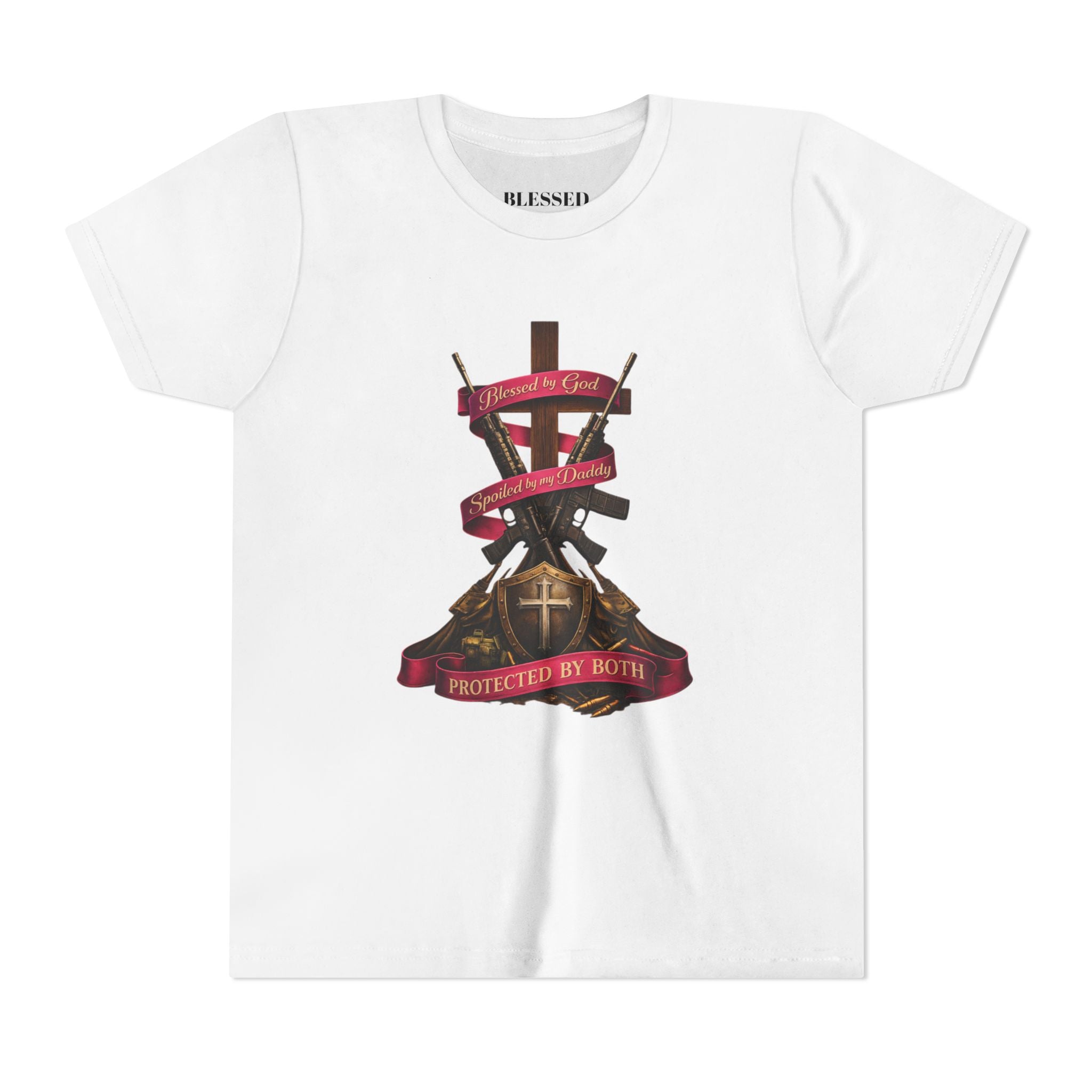 Youth Tee — "Protected By Both" Cross & Shield Christian Faith Shirt