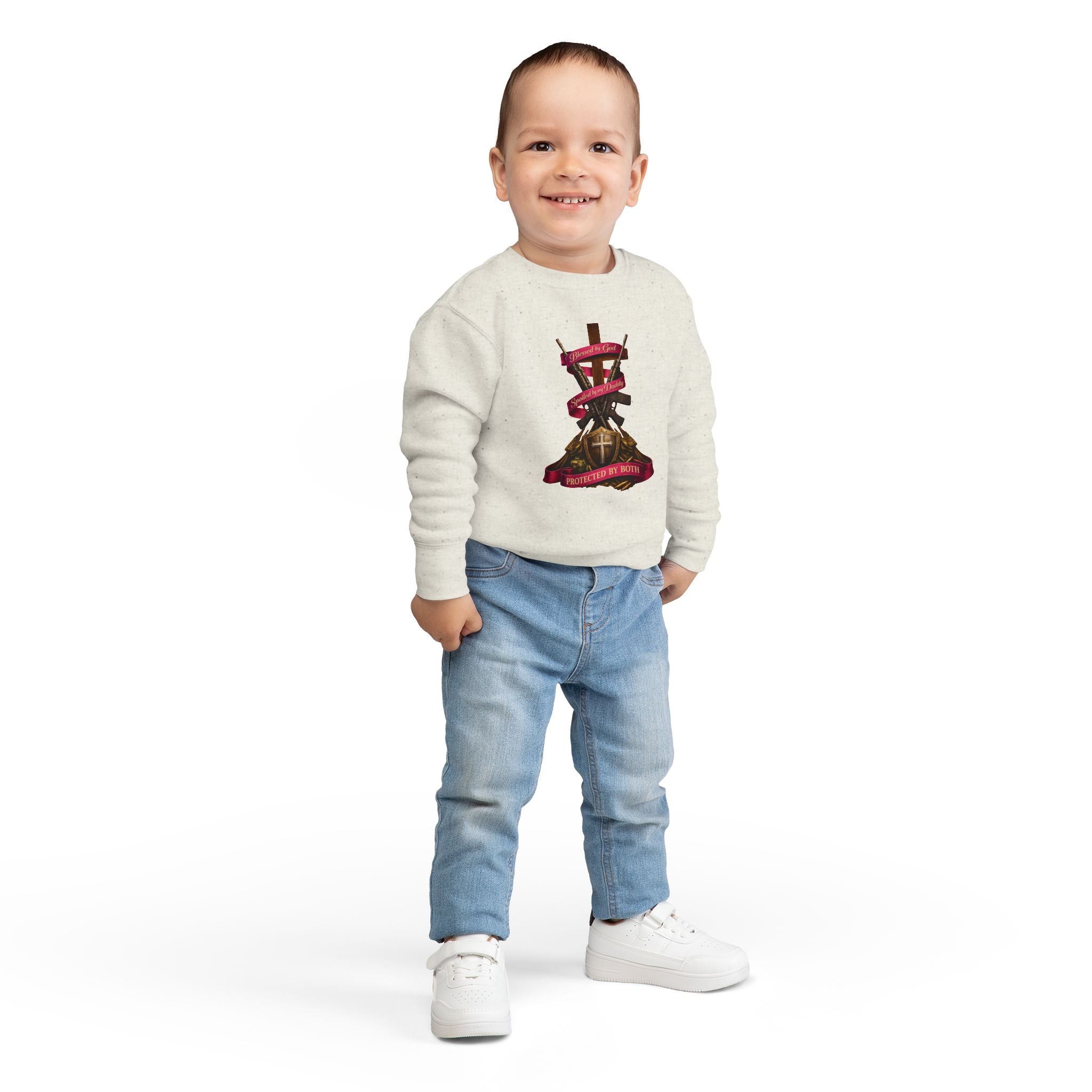 Toddler Sweatshirt — "Blessed by God, Spoiled by my Daddy, Protected by Both" Cross & Rifles