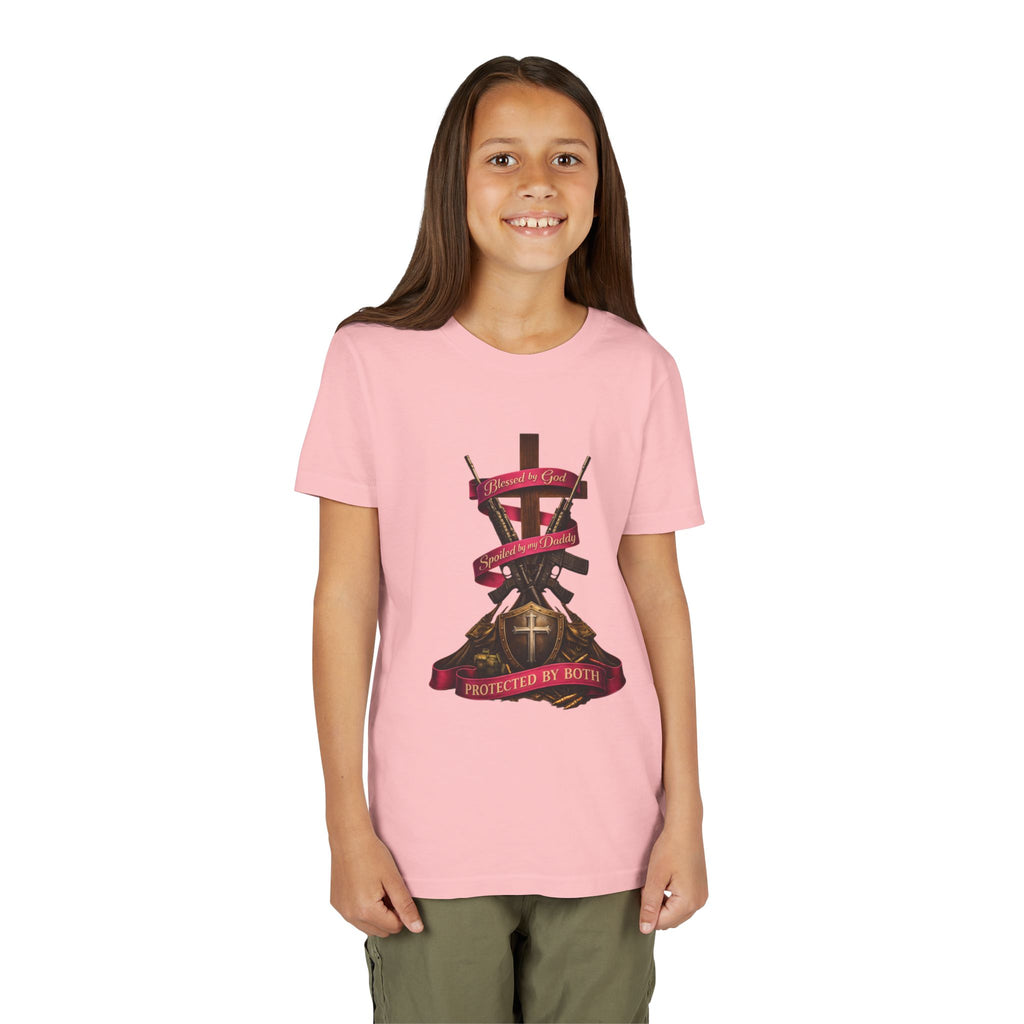 Youth Tee — "Protected By Both" Cross & Shield Christian Faith Shirt
