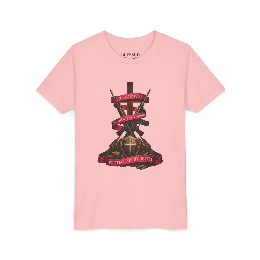 Youth Tee — "Protected By Both" Cross & Shield Christian Faith Shirt