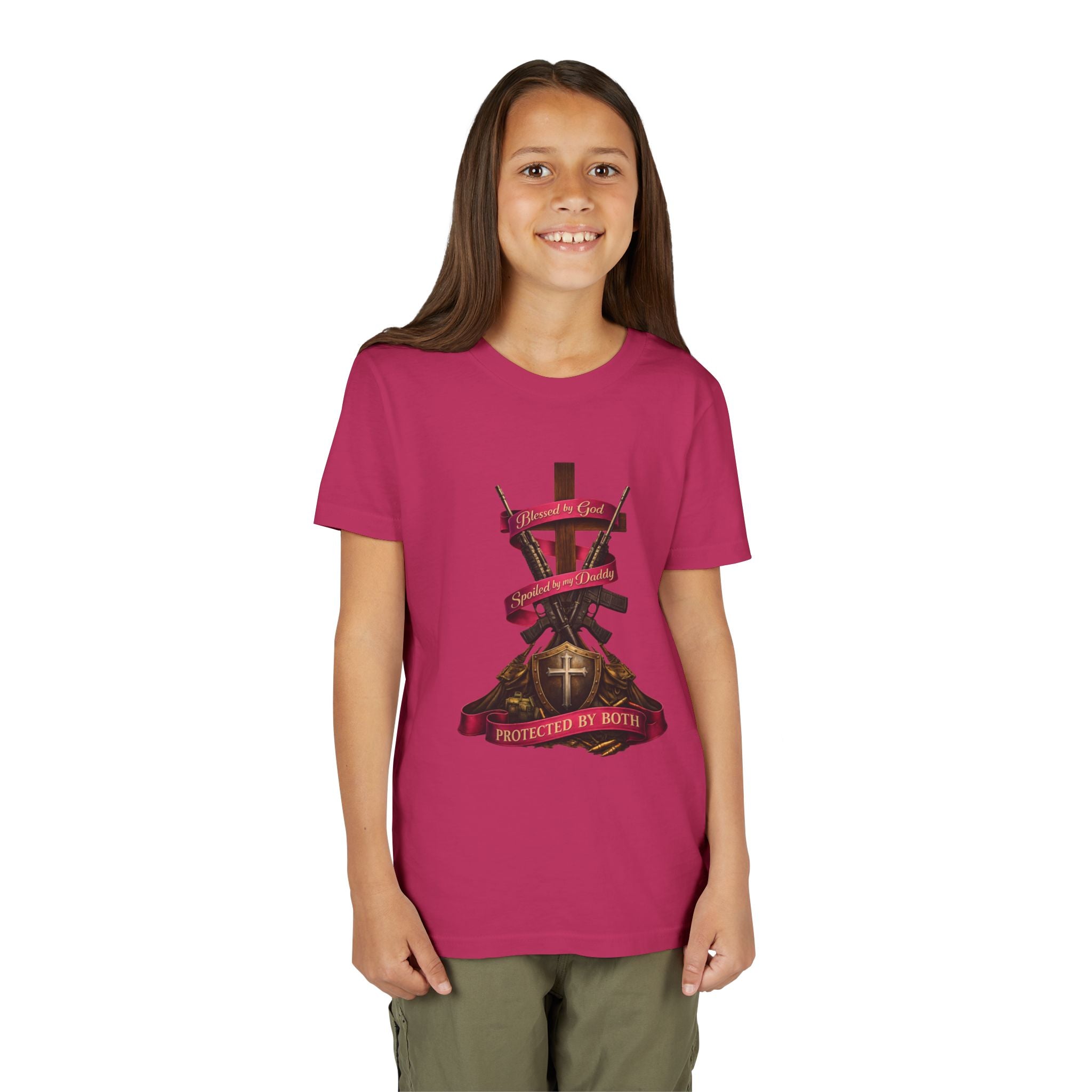 Youth Tee — "Protected By Both" Cross & Shield Christian Faith Shirt