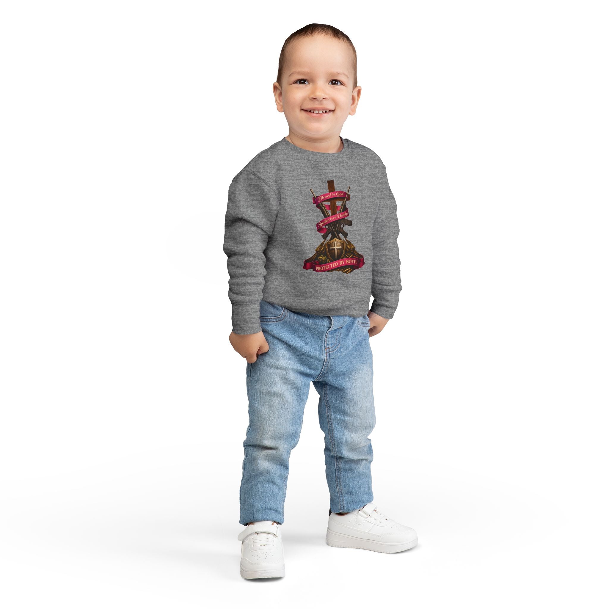 Toddler Sweatshirt — "Blessed by God, Spoiled by my Daddy, Protected by Both" Cross & Rifles