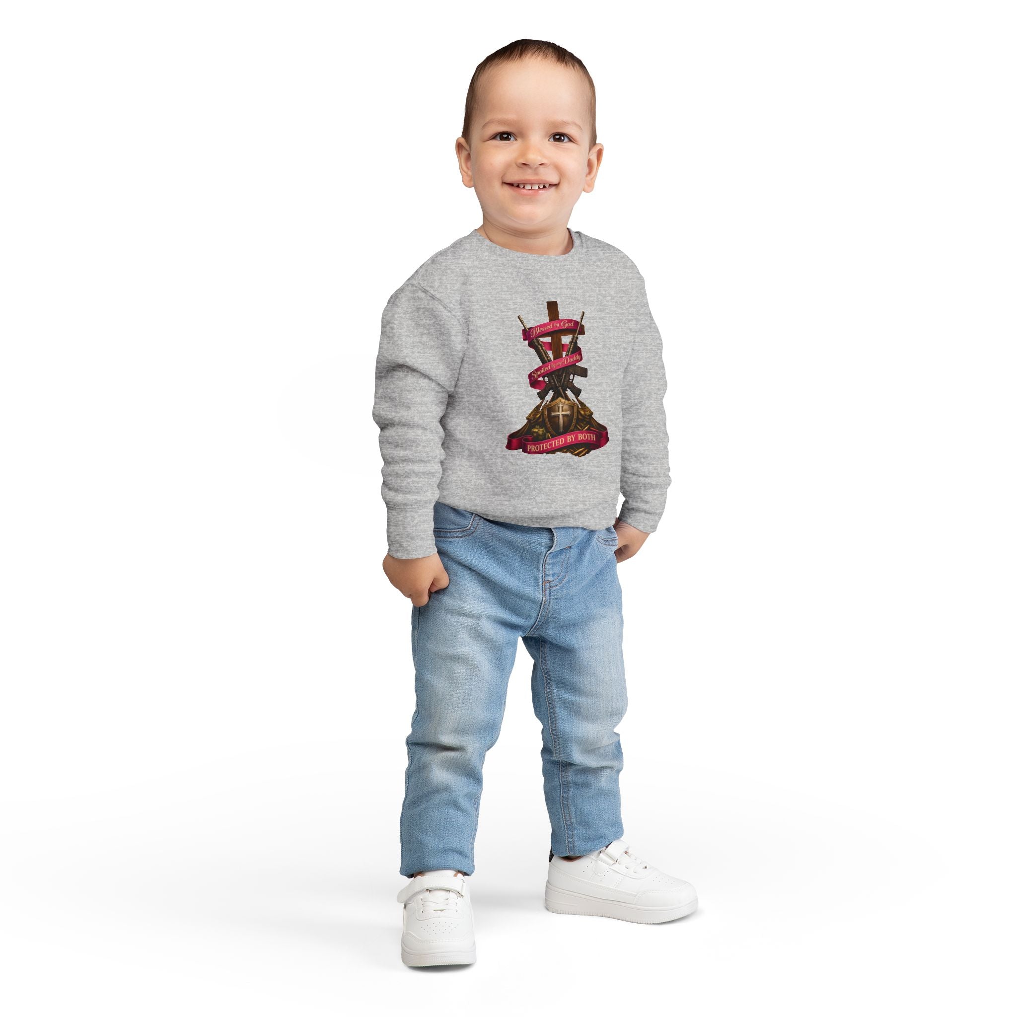 Toddler Sweatshirt — "Blessed by God, Spoiled by my Daddy, Protected by Both" Cross & Rifles