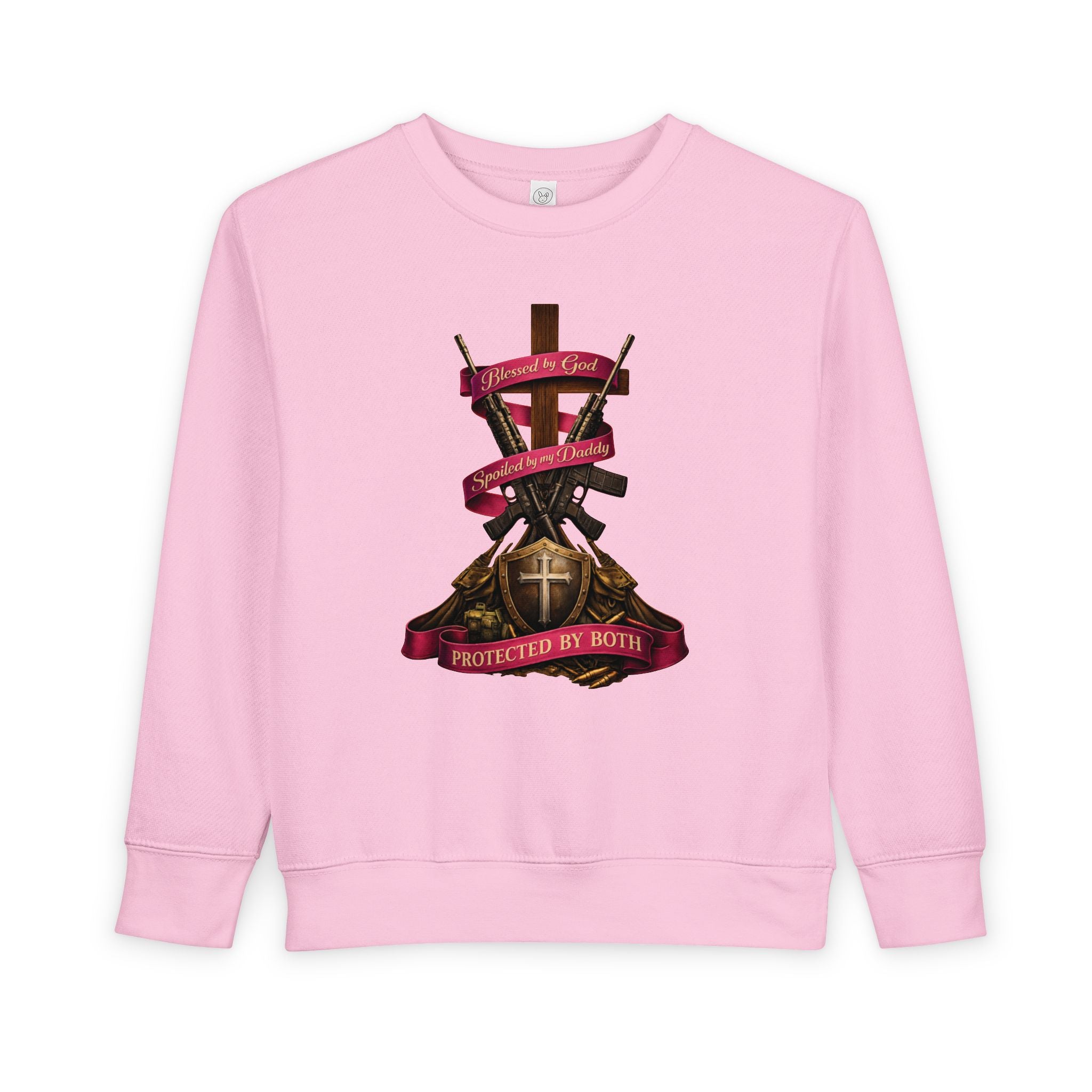 Toddler Sweatshirt — "Blessed by God, Spoiled by my Daddy, Protected by Both" Cross & Rifles