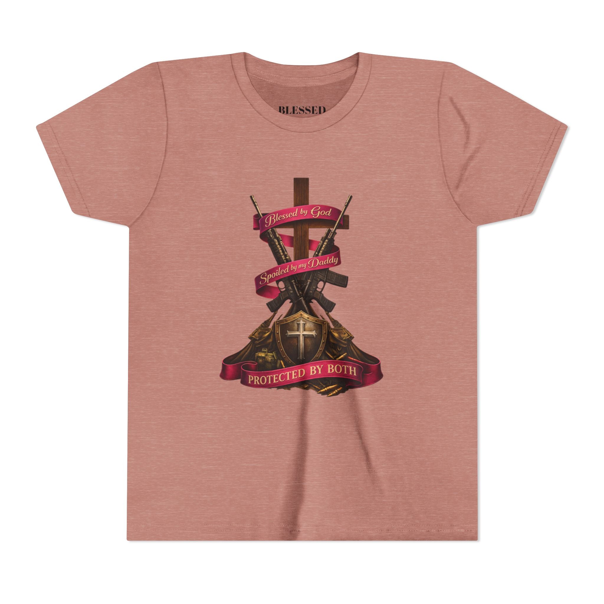 Youth Tee — "Protected By Both" Cross & Shield Christian Faith Shirt