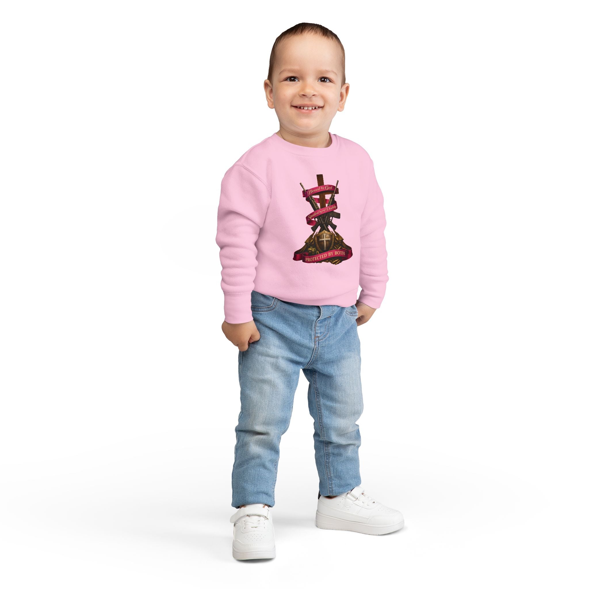 Toddler Sweatshirt — "Blessed by God, Spoiled by my Daddy, Protected by Both" Cross & Rifles